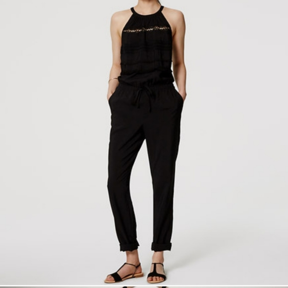 LOFT Black Textured Fringe Halter Jumpsuit sz S